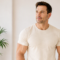 Lean, muscular man in his 40s by a sunlit window, representing muscle maintenance and general well-being in adult men