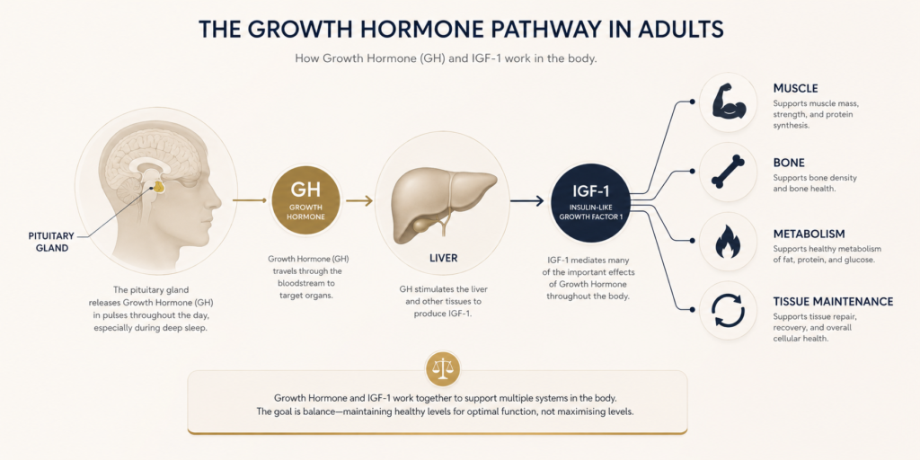 Infographic of the growth hormone pathway in adults: the pituitary gland releases GH, which signals the liver to produce IGF-1, supporting muscle, bone, metabolism, and tissue maintenance