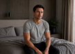 Serious middle-aged man with crossed arms in a modern dark room, representing the symptoms and evaluation of low growth hormone in adult men