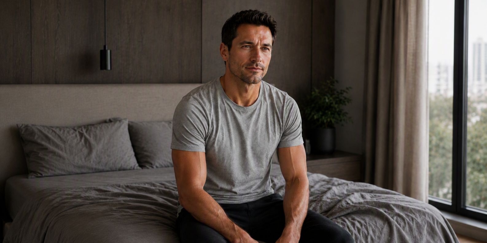 low-growth-hormone-adult-male-symptoms Serious middle-aged man with crossed arms in a modern dark room, representing the symptoms and evaluation of low growth hormone in adult men