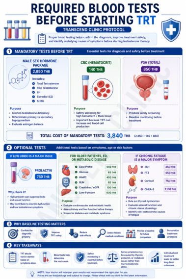 Infographic showing baseline hormone and safety blood tests considered before starting testosterone replacement therapy.
