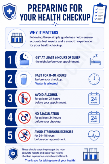 Blood-test preparation guide covering fasting, sleep, alcohol, ejaculation, exercise, and drinking water before a health checkup.