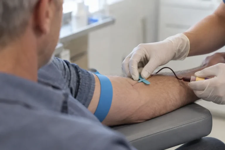 Man having blood drawn at a clinic for a testosterone blood test