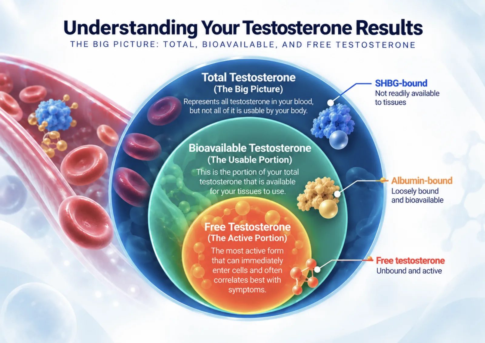 Diagram showing total testosterone containing bioavailable and free testosterone, with SHBG-bound and albumin-bound fractions Diagram showing total testosterone containing bioavailable and free testosterone, with SHBG-bound and albumin-bound fractions