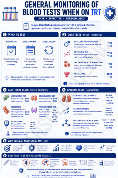 Infographic explaining when to monitor testosterone, estradiol, CBC, PSA, and general health markers during TRT.