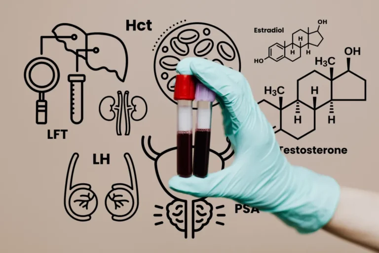 Gloved hand holding blood sample tubes surrounded by testosterone, estradiol, Hct, LH and PSA lab markers, showing why a total testosterone test alone is not enough before starting TRT