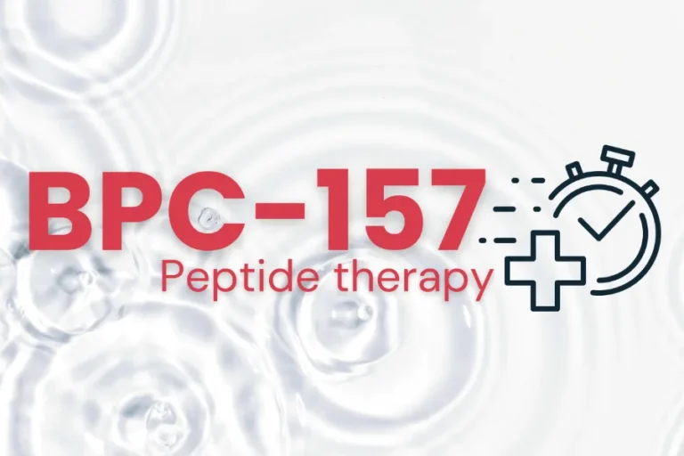 BPC-157 peptide therapy banner with a stopwatch and medical cross graphic, representing tissue repair and recovery