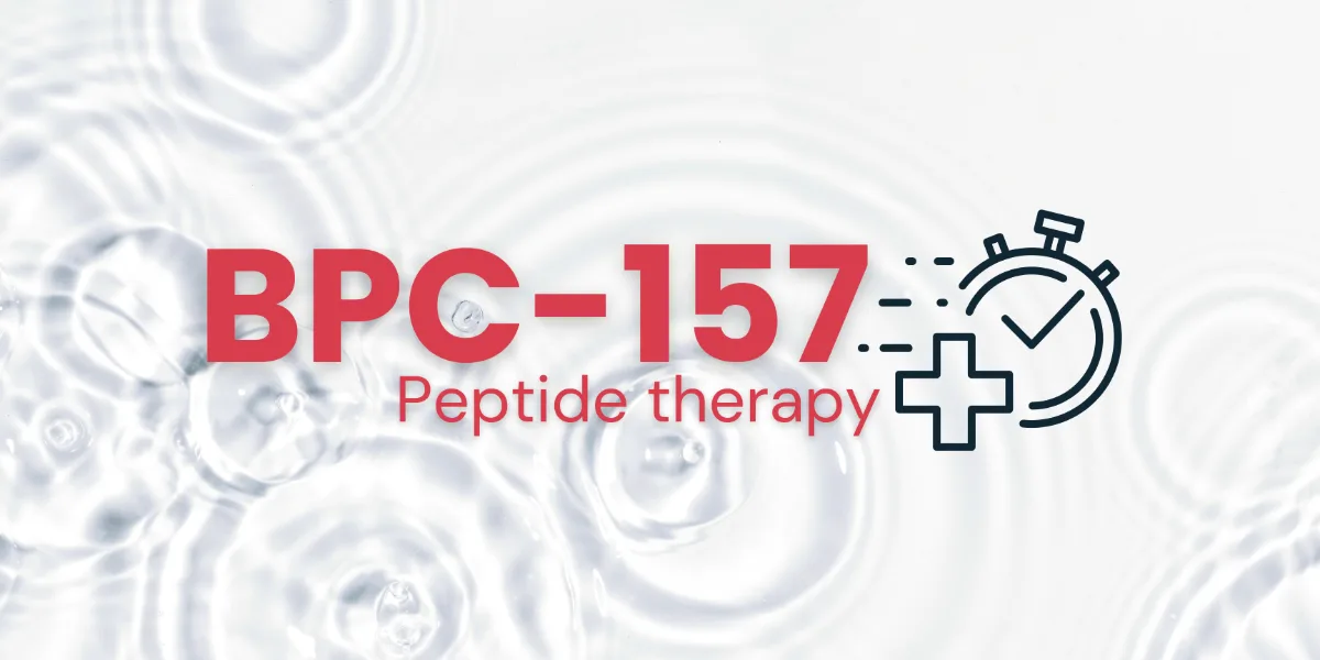 BPC-157 peptide BPC-157 peptide therapy banner with a stopwatch and medical cross graphic, representing tissue repair and recovery