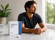 Man beside a box of Clomiphene Citrate 50mg tablets, a pill-based treatment for low testosterone and male fertility