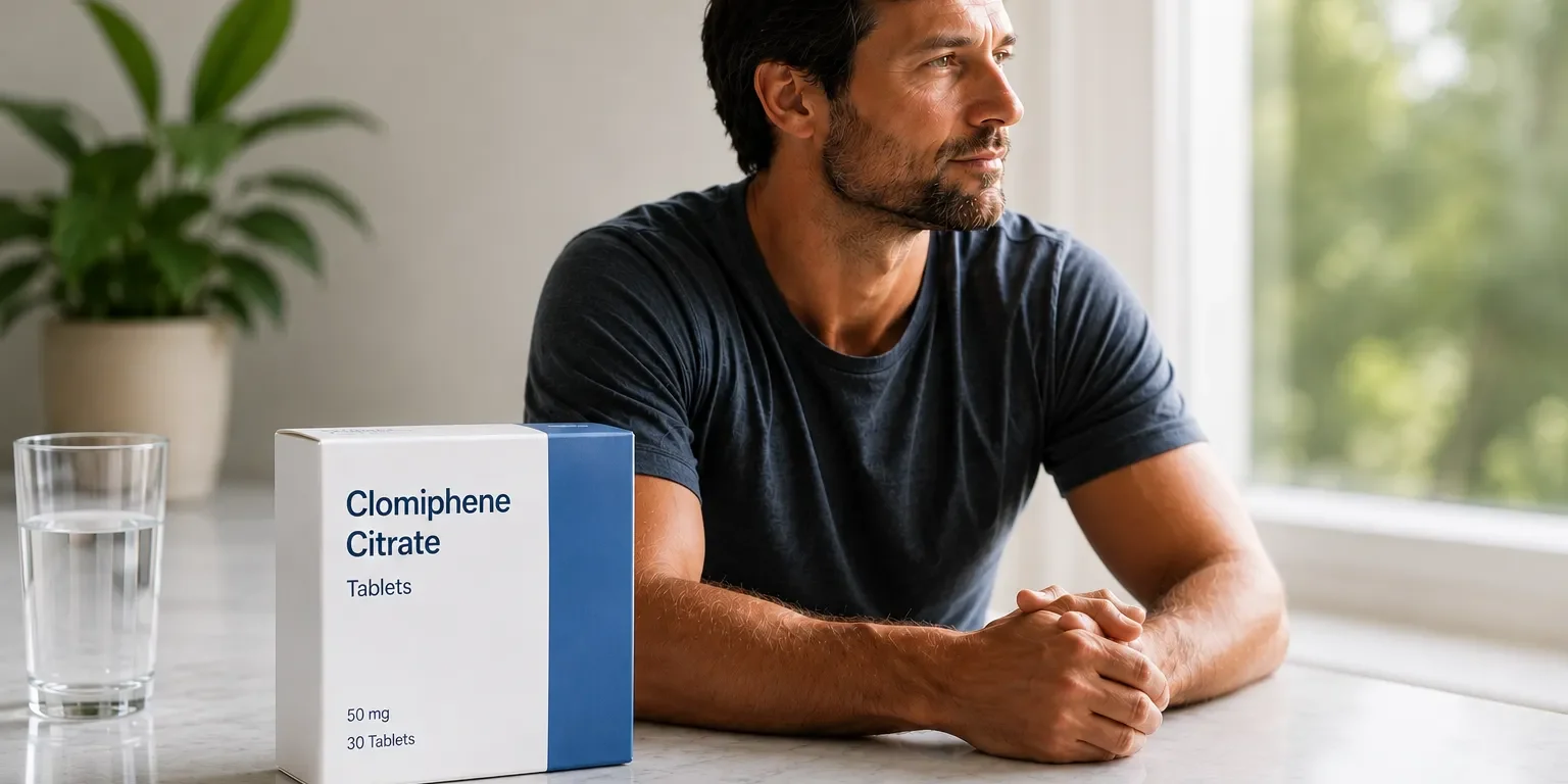 Clomiphene for men Man beside a box of Clomiphene Citrate 50mg tablets, a pill-based treatment for low testosterone and male fertility