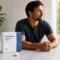 Man beside a box of Clomiphene Citrate 50mg tablets, a pill-based treatment for low testosterone and male fertility