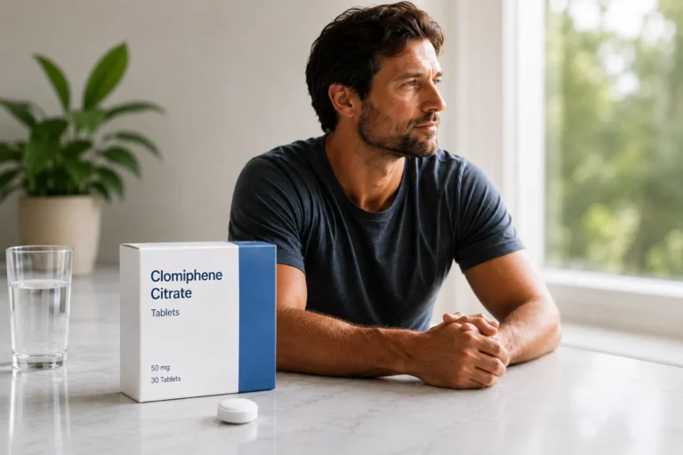 Man beside a box of Clomiphene Citrate 50mg tablets, a pill-based treatment for low testosterone and male fertility
