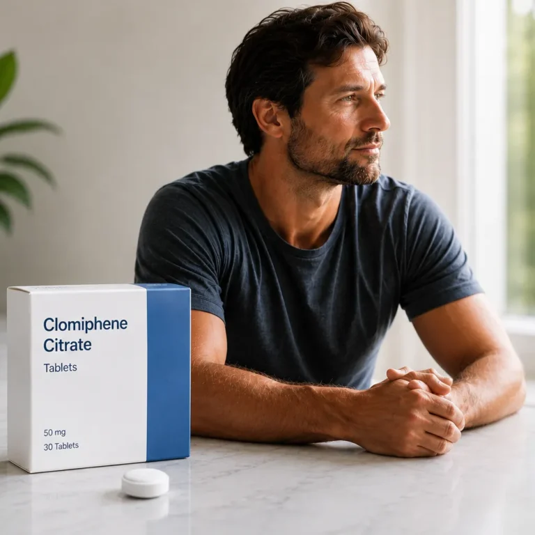Man beside a box of Clomiphene Citrate 50mg tablets, a pill-based treatment for low testosterone and male fertility