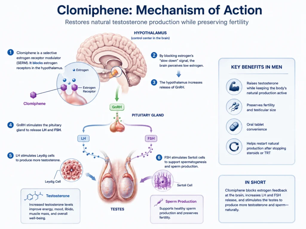 Diagram of clomiphene mechanism of action: blocking estrogen receptors in the hypothalamus raises GnRH, LH and FSH, which stimulate the testes to produce testosterone and sperm