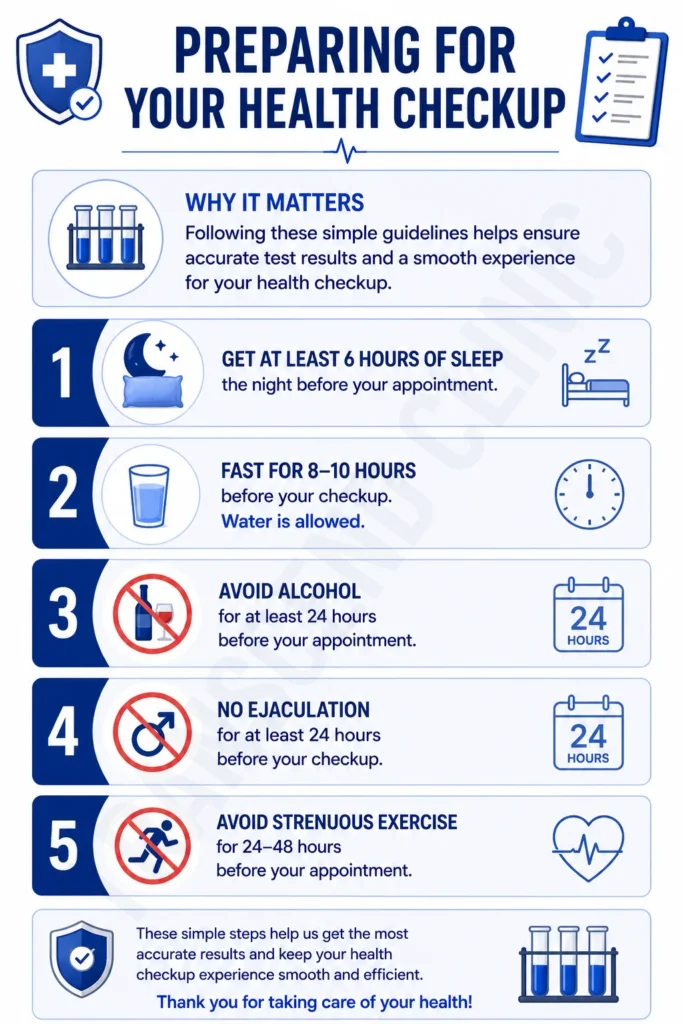 preparing-for-hormone-check-up How to prepare for your hormone check-up: sleep 6 hours, fast 8–10 hours, avoid alcohol and ejaculation for 24 hours, avoid strenuous exercise