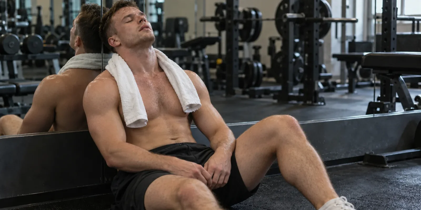 Short-term testosterone cycle – fatigue after stopping Man resting against a gym mirror after training, looking fatigued