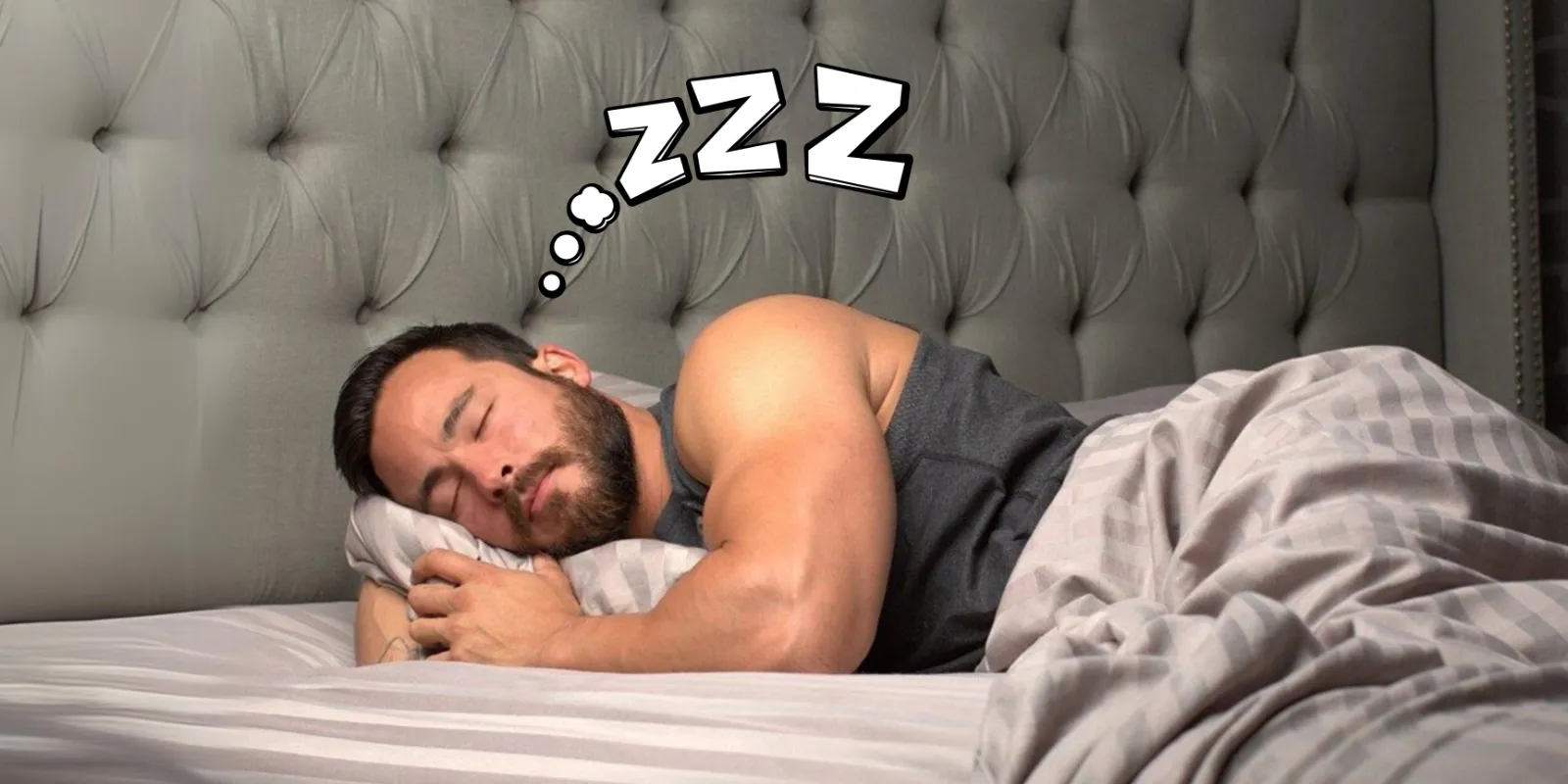 Sleep and testosterone Muscular man sleeping soundly in bed, illustrating how good sleep supports testosterone production