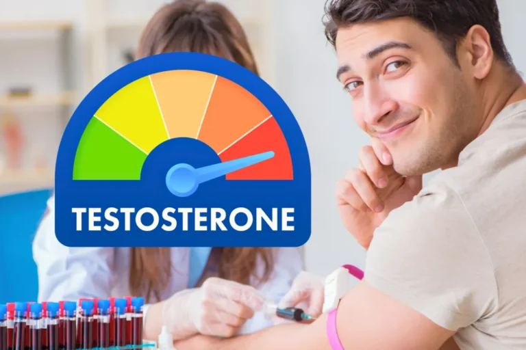 Man having a blood sample drawn by a nurse for an accurate testosterone blood test, with a testosterone level gauge graphic
