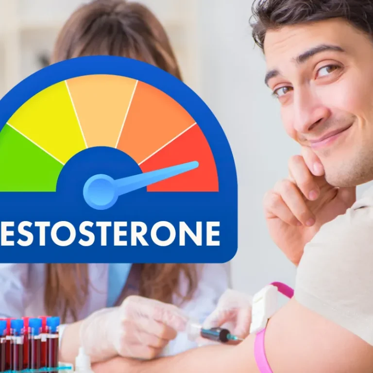 Man having a blood sample drawn by a nurse for an accurate testosterone blood test, with a testosterone level gauge graphic