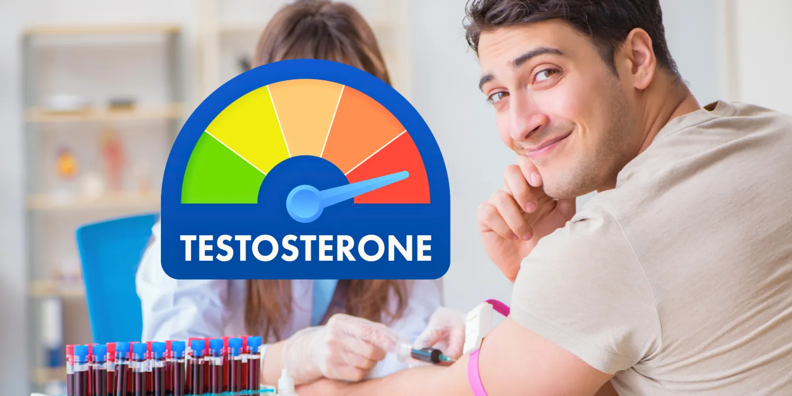 Testosterone blood test timing Man having a blood sample drawn by a nurse for an accurate testosterone blood test, with a testosterone level gauge graphic