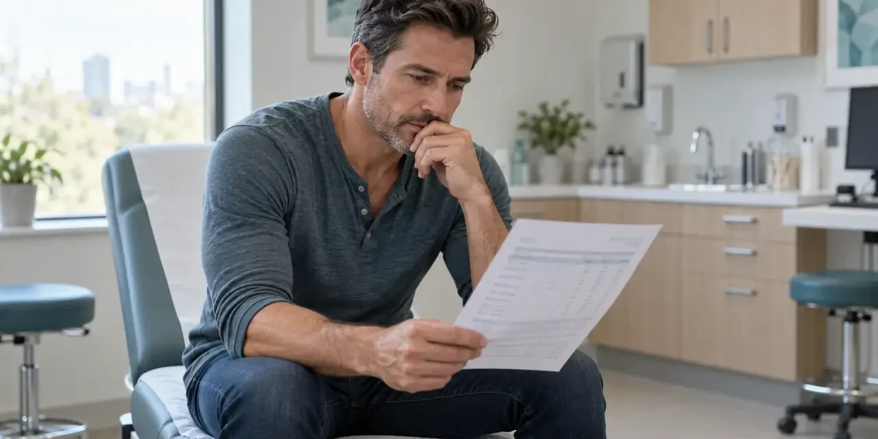 TRT not working – reviewing blood test results Man reviewing his blood test results during a TRT follow-up consultation