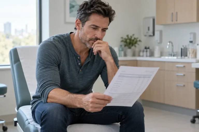 Man reviewing his blood test results during a TRT follow-up consultation